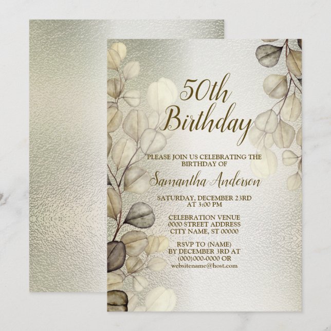 Invitation Aquarelle de fête d'anniversaire Golden Eucalyptus (Devant / Derrière)