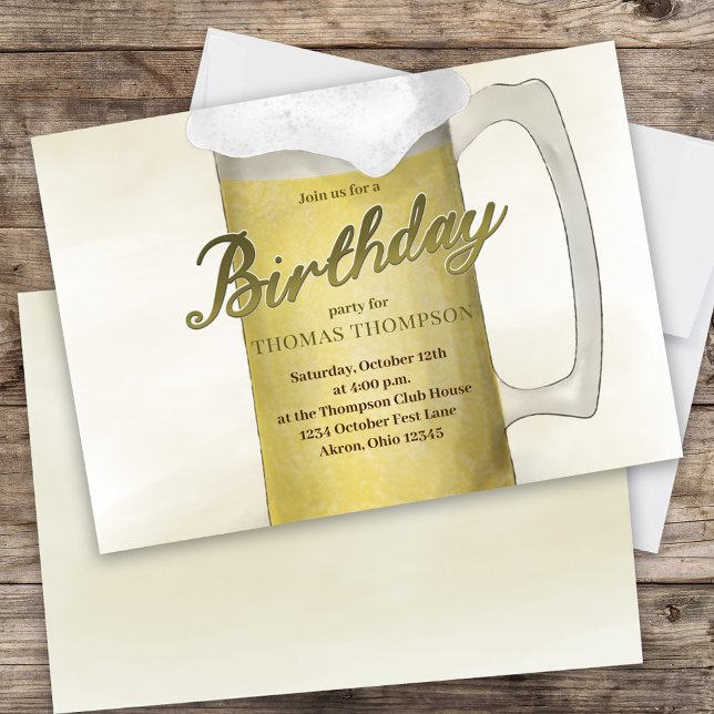 Invitation Aquarelle de fête d'anniversaire Golden Frosty Biè (Birthday Party Beer Glass Invitation.)