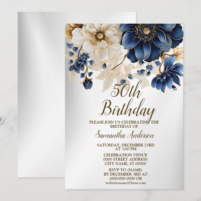 Invitation Aquarelle de fête d'anniversaire Marine Bleu Fleur (Devant / Derrière)