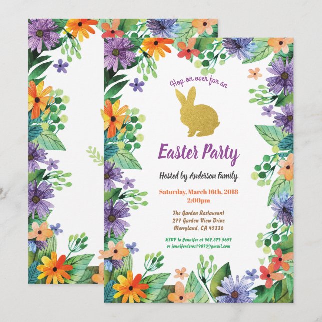 Invitation Aquarelle de fête de Pâques or floral (Devant / Derrière)
