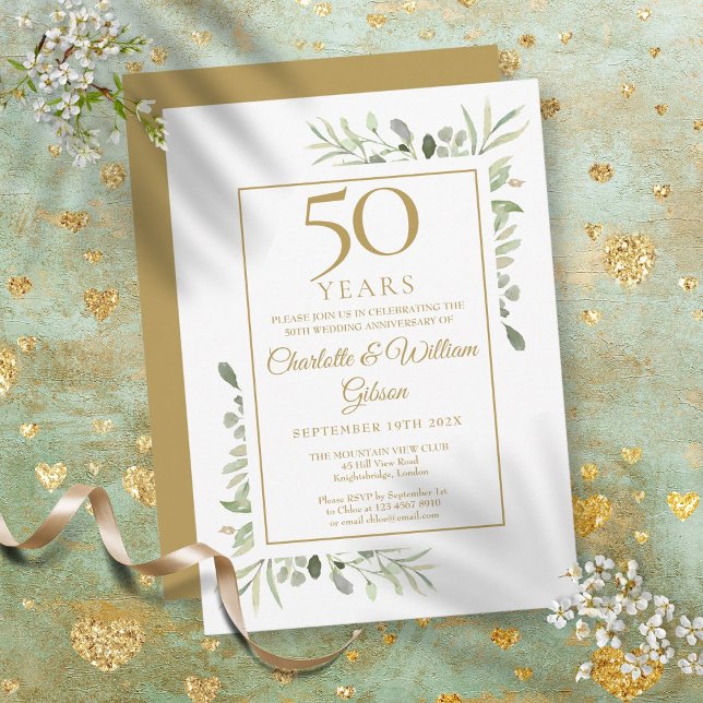 Invitation Aquarelle de feuillage de verdure pour le 50e anni (50th Gold Anniversary Watercolour Greenery Leaves Invitation)