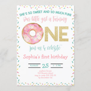 Invitation Aquarelle de fille de Donut rose 1er anniversaire