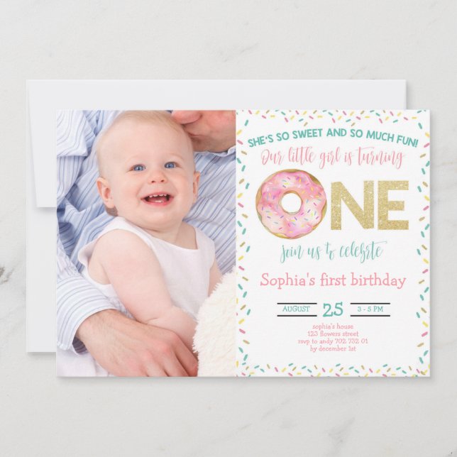 Invitation Aquarelle de fille de Donut rose 1er anniversaire  (Devant)