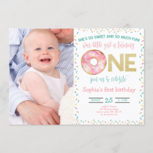 Invitation Aquarelle de fille de Donut rose 1er anniversaire