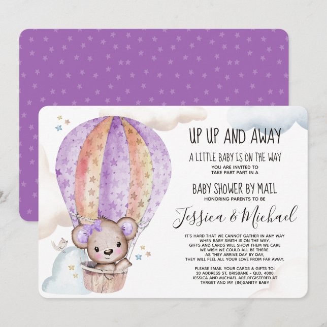 Invitation Aquarelle de fille Ours en peluche | Baby shower p (Devant / Derrière)