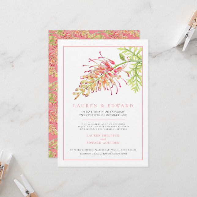 Invitation Aquarelle de fleur de Grevillea corail mariage bla (Devant/Arrière en situation)