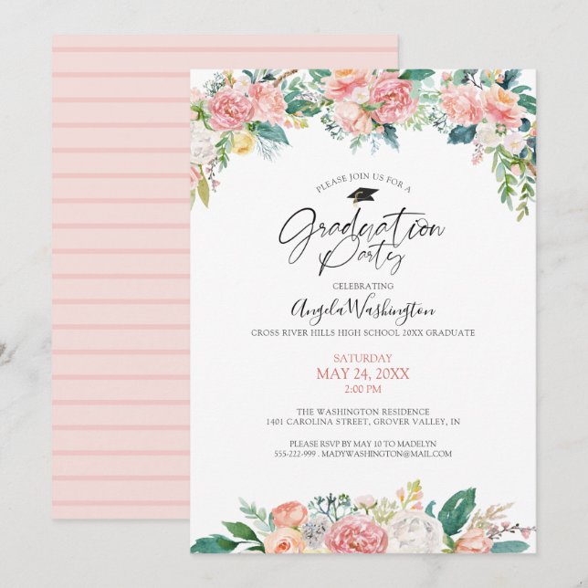 Invitation Aquarelle de graduation Aquarelle rose pâle Script (Devant / Derrière)