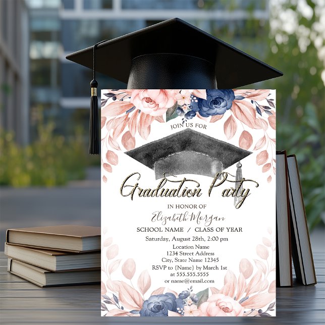 Invitation Aquarelle de graduation Cap, Fleurs Graduation (Créateur téléchargé)