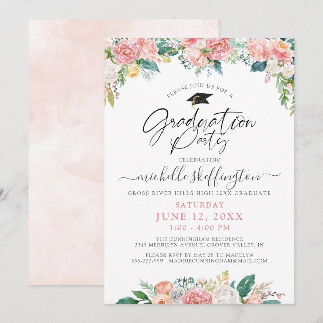 Invitation Aquarelle de graduation élégante couleur florale S (Devant / Derrière)