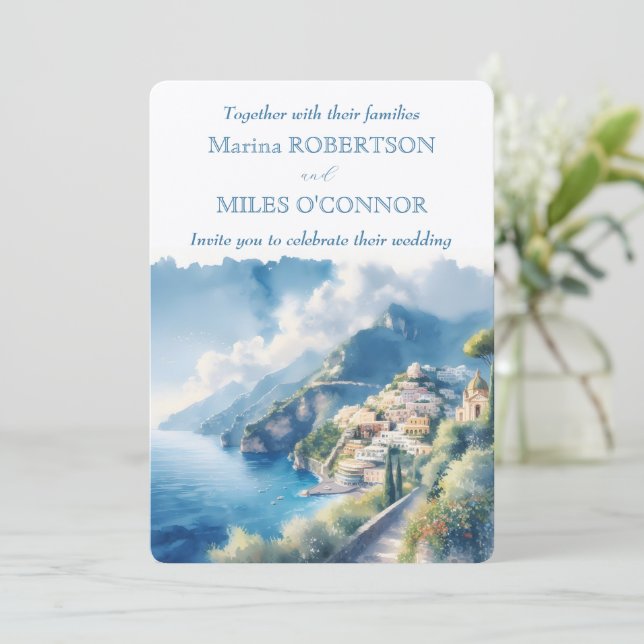 Invitation Aquarelle de la côte d'Amalfi mariage Italie Desti (Debout devant)