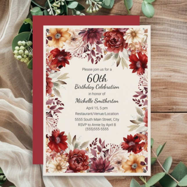 Invitation Aquarelle de la crème bourguignonne Floral 60e ann (Burgundy, rust, and cream-colored watercolor floral 60th birthday party invitation for women.)