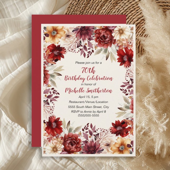 Invitation Aquarelle de la crème bourguignonne Floral 70e ann (Burgundy, rust, and cream-colored watercolor floral 70th birthday party invitation for women.)