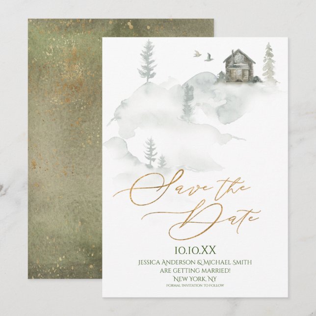Invitation Aquarelle de la forêt de pins rustique Sauvez la d (Devant / Derrière)