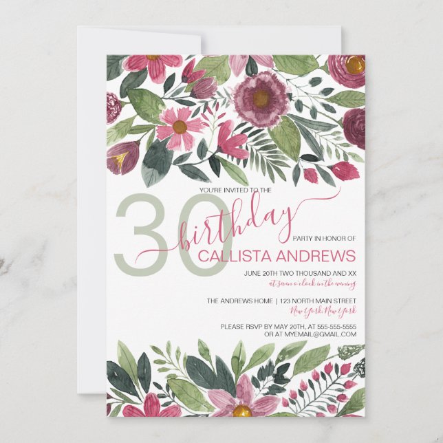 Invitation Aquarelle de la forêt rose de Mauve Feuille floral (Devant)