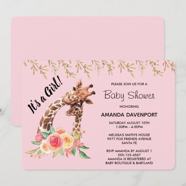 Invitation Aquarelle de la Giraffe Cute C'est une fille ! Bab (Devant / Derrière)