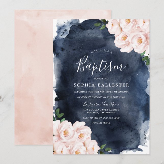 Invitation Aquarelle de la marine Baptême floral Bleu (Devant / Derrière)