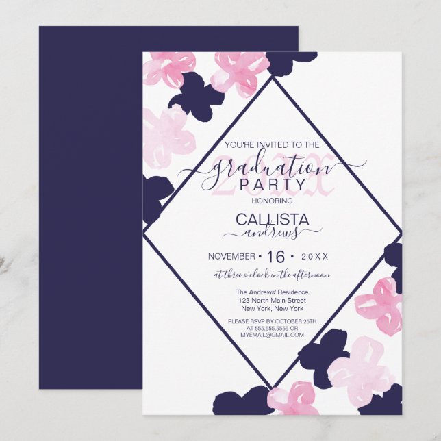 Invitation Aquarelle de la marine rose moderne Fleurs (Devant / Derrière)