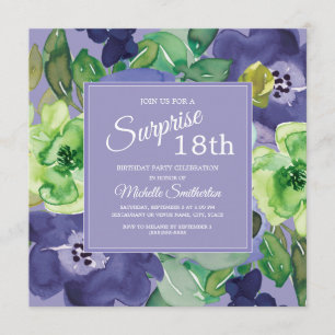 Invitation Aquarelle de la marine verte pourpre Floral 18e an