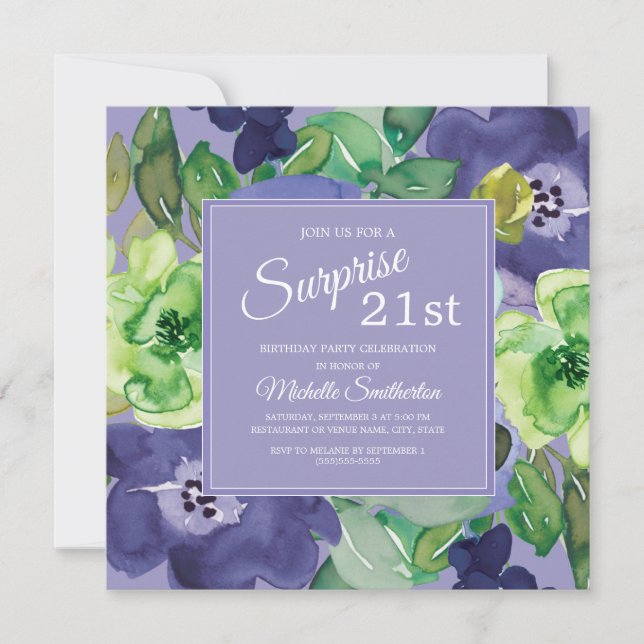 Invitation Aquarelle de la marine verte pourpre Floral 21e an (Devant)