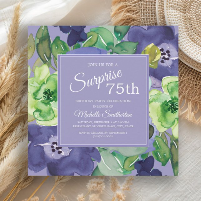 Invitation Aquarelle de la marine verte violette Floral 75e a (Blue watercolor floral and green leaves women's 75th birthday party invitation)