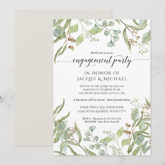Invitation Aquarelle de la partie d'engagement Semé Eucalyptu (Devant / Derrière)
