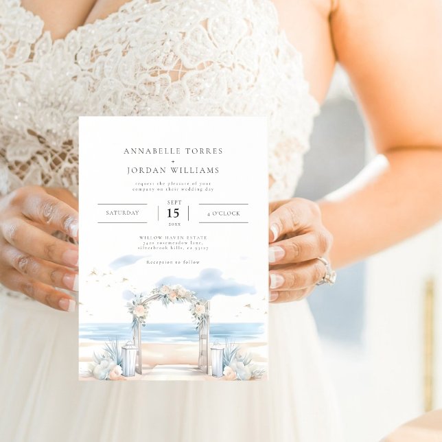 Invitation Aquarelle de la plage Couleur de l'eau Destination (Beach Coastal Watercolor Destination Wedding Photo Invitation)