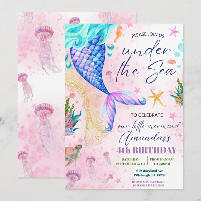 Invitation Aquarelle de la queue de sirène Anniversaire sous  (Devant / Derrière)