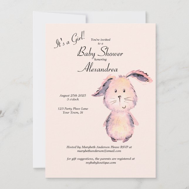Invitation Aquarelle de lapin rose C'est un Baby shower de fi (Devant)