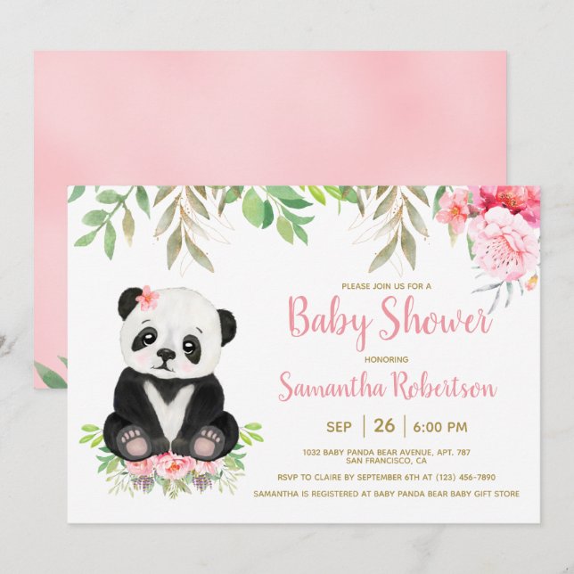 Invitation Aquarelle de l'ours mignonne Baby shower floral ro (Devant / Derrière)