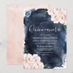 Invitation Aquarelle de marine Beau Blush Floral Quinceanera
