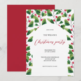 Invitation Aquarelle de Noël Artistique Vert Rouge Berry