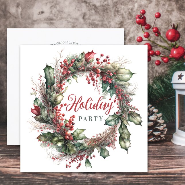 Invitation Aquarelle de Noël couronne rouge vert floral (Watercolor Christmas wreath red green floral Invitation)