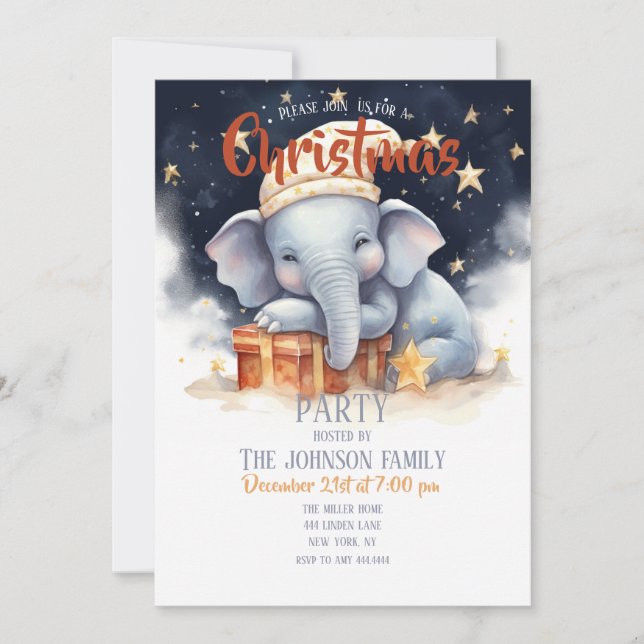 Invitation Aquarelle de Noël Eléphant (Devant)