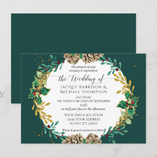 Invitation Aquarelle de Noël Emerald Gold Pine Cone Wreath