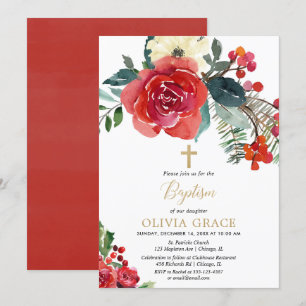 Invitation Aquarelle de Noël fleuri élégant baptême