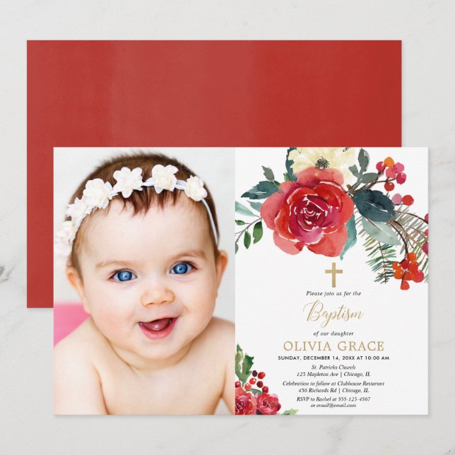 Invitation Aquarelle de Noël floral élégant photo baptême (Devant / Derrière)