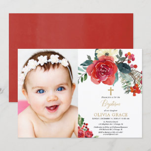 Invitation Aquarelle de Noël floral élégant photo baptême