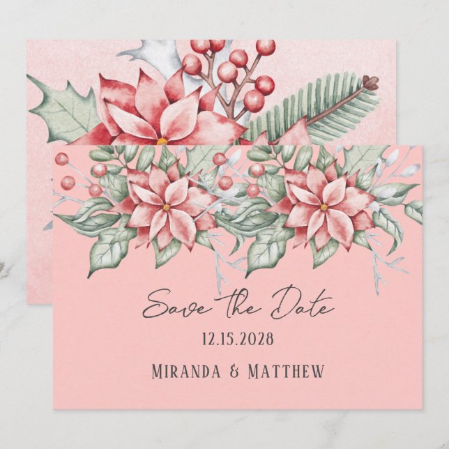 Invitation Aquarelle de Noël Poinsettia Enregistrer la date (Devant / Derrière)
