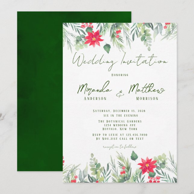 Invitation Aquarelle de Noël Poinsettia Mariage feuille (Devant / Derrière)