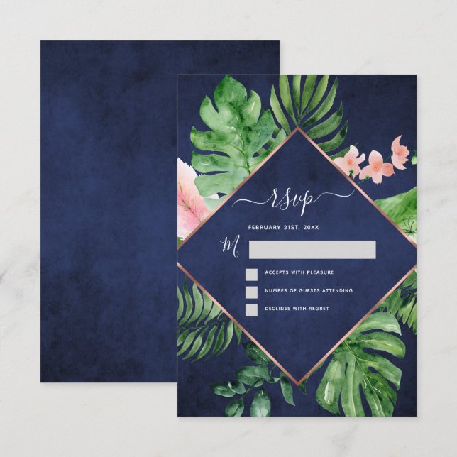 Invitation Aquarelle de palme tropicale Marine Mariage bleu R (Devant / Derrière)