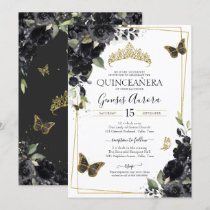Invitation Aquarelle de papillon noir or Quinceanera