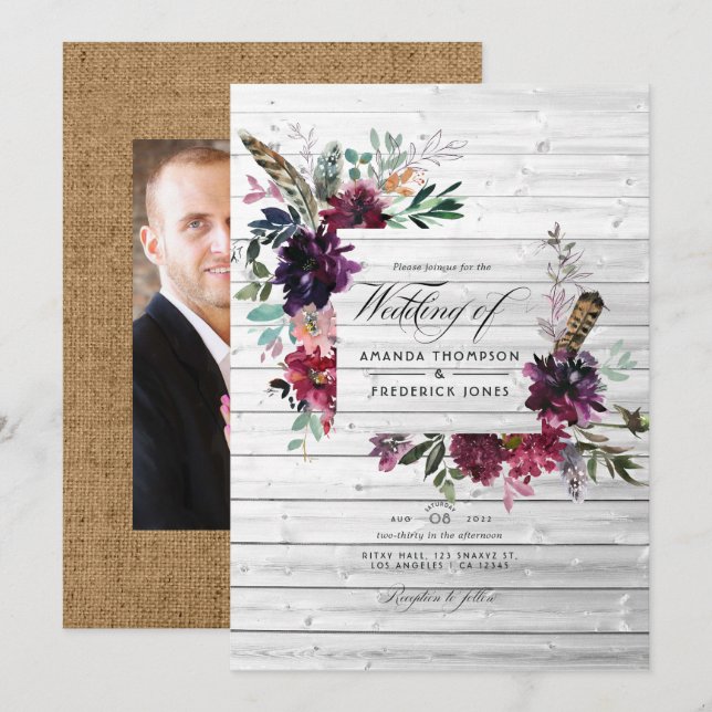 Invitation Aquarelle de Plum violet Mariage de Bohême Floral (Devant / Derrière)