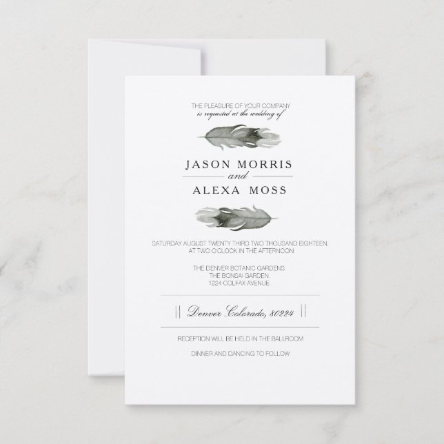 Invitation Aquarelle de plumes | Elegant Mariage Boho (Devant)