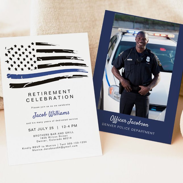 Invitation Aquarelle de police mince ligne bleue Drapeau retr (Créateur téléchargé)