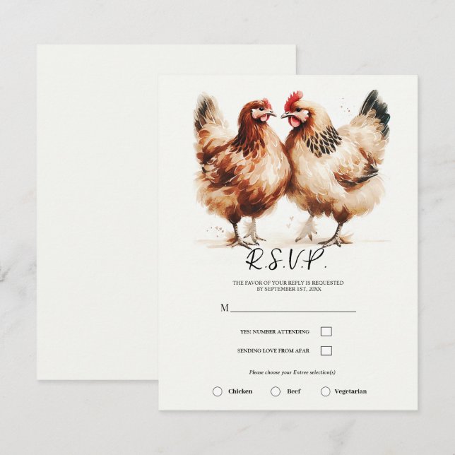 Invitation Aquarelle de poulet Brown Mariage rustique (Devant / Derrière)