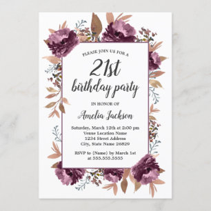 Invitation Aquarelle de pourpre en fleur 21e anniversaire Inv