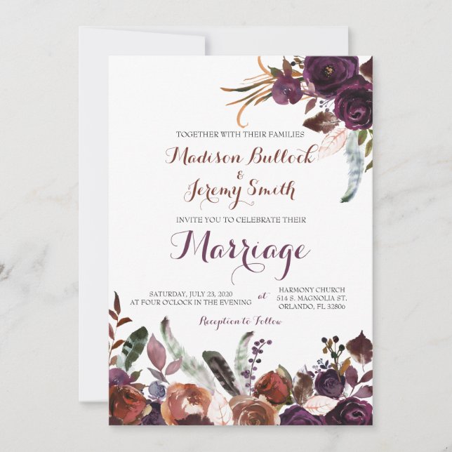 Invitation Aquarelle de prune et de cuivre Mariage floral Inv (Devant)