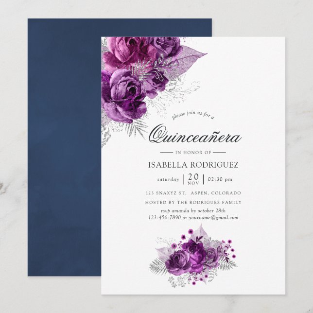 Invitation Aquarelle de prune et de marine Floral Quinceañera (Devant / Derrière)