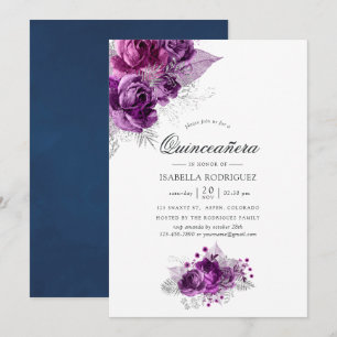 Invitation Aquarelle de prune et de marine Floral Quinceañera