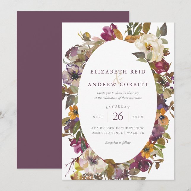 Invitation Aquarelle de prune et de moutarde Mariage floral (Devant / Derrière)